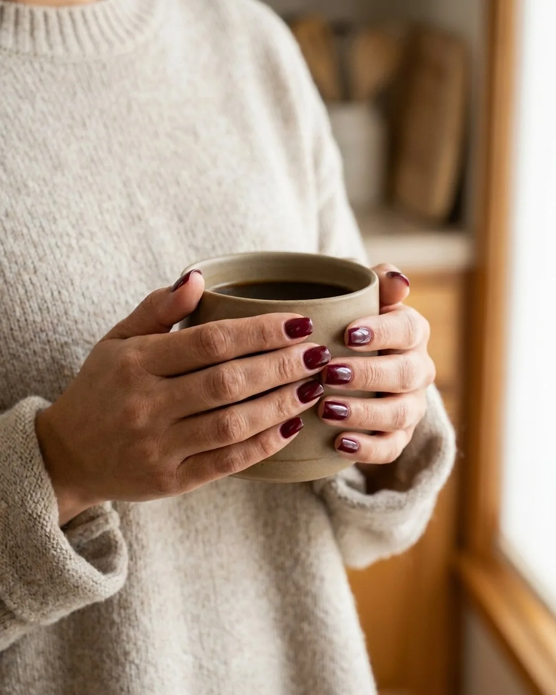 Uñas gelish en tono vino, sosteniendo una taza