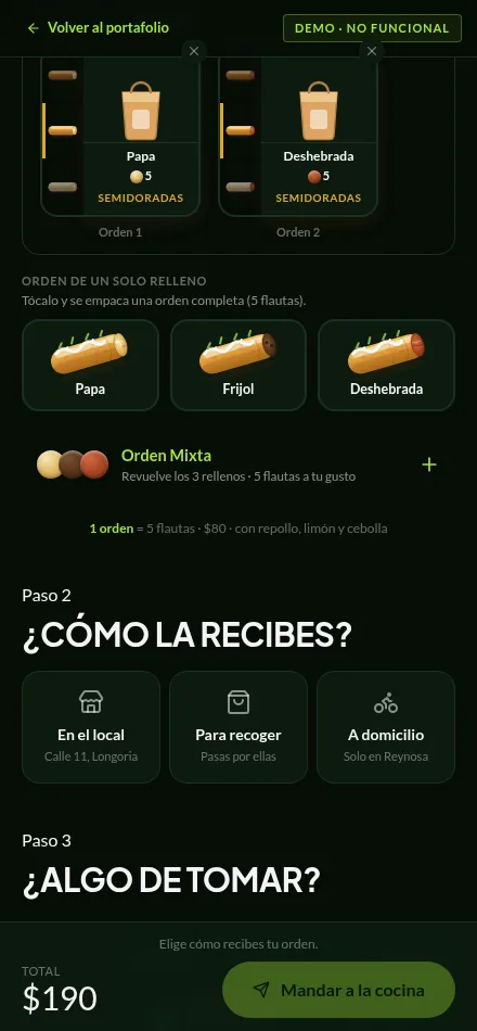 Order panel showing two órdenes packed as paper bags, with tabs to pick how each one is cooked