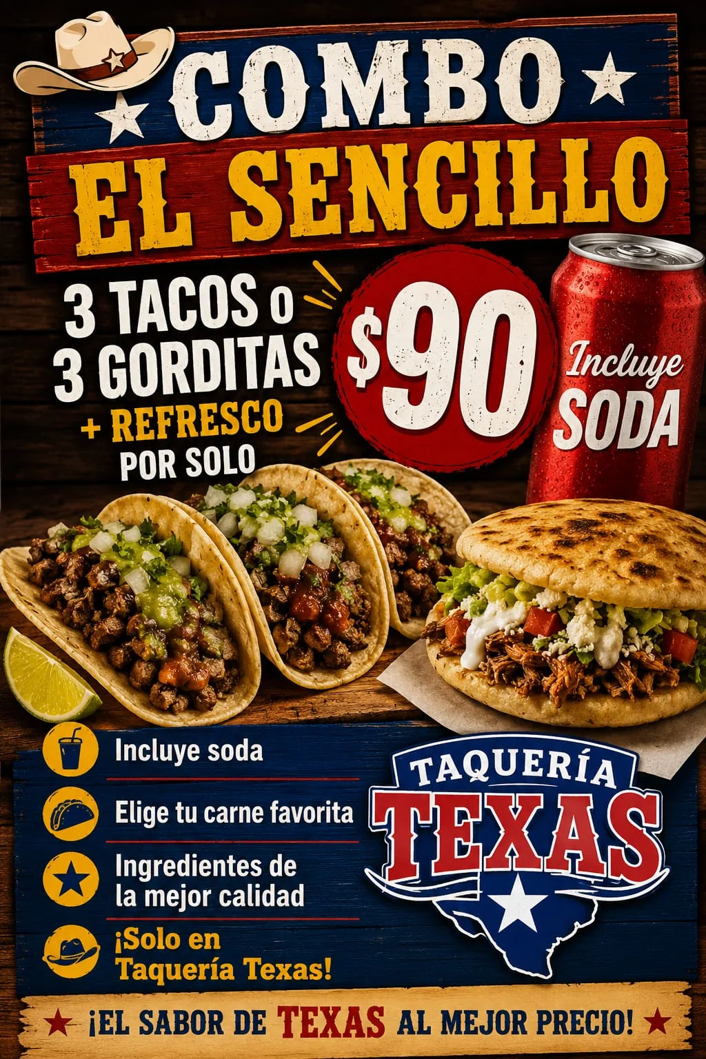 Combo Sencillo: 3 tacos o gorditas más refresco de lata por $90 en Taquería Texas
