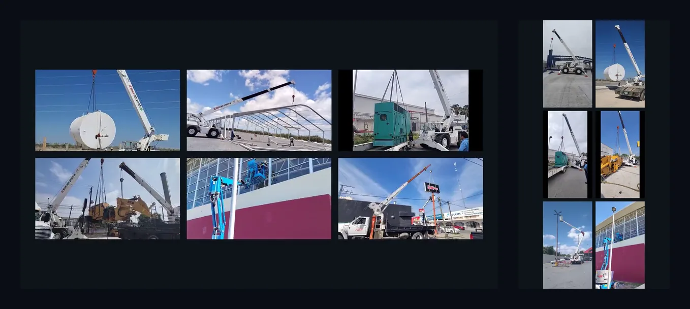 Side by side: the desktop hero as a three-by-two grid of six landscape clips of cranes, and the phone hero as a two-by-three grid of six vertical clips of different machines