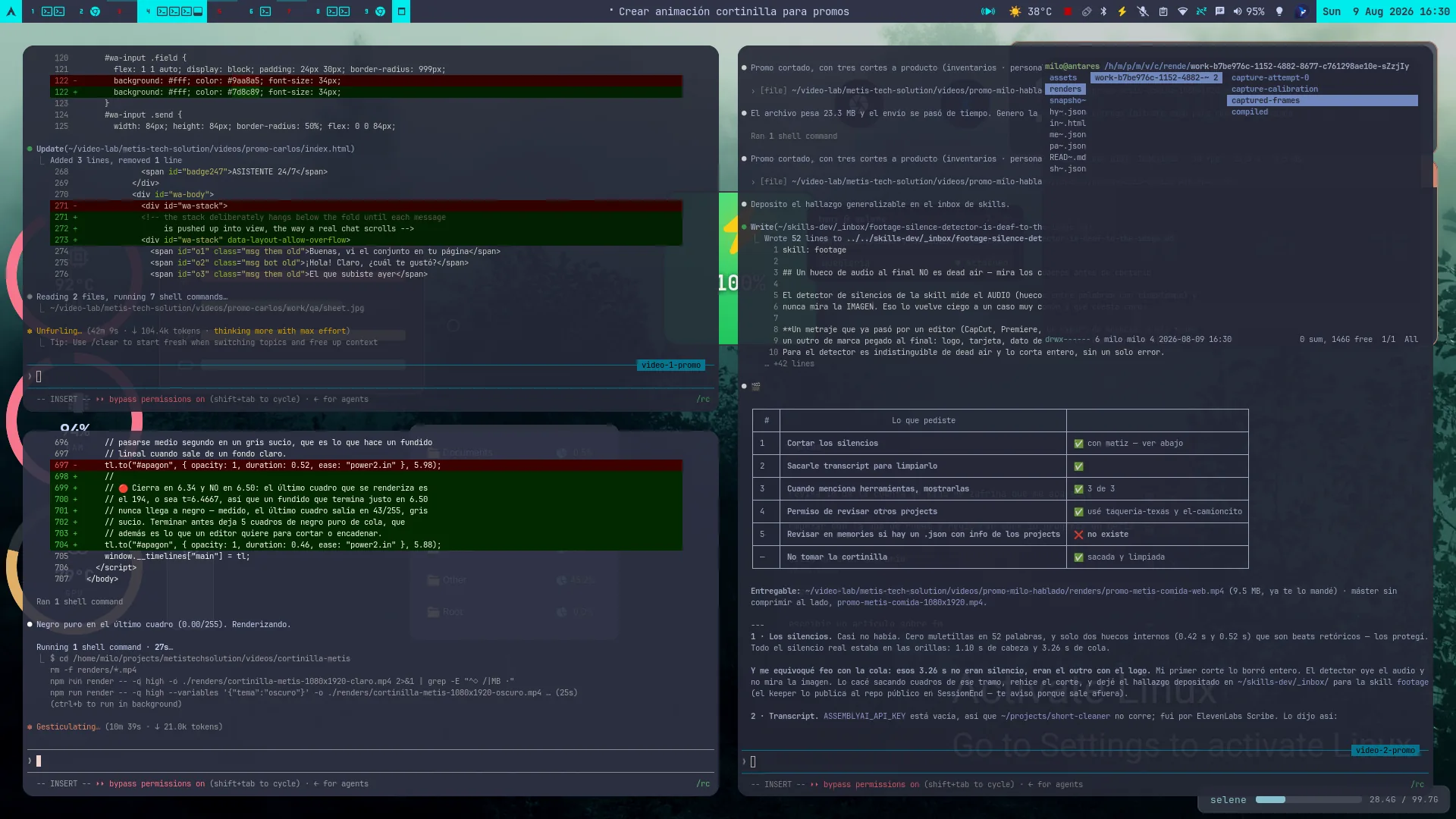 A Sway desktop with four panes: top left a CSS diff of a WhatsApp mockup, bottom left a GSAP timeline being tuned, on the right one session writing to a skills inbox and another closing out a deliverables table. The top bar reads 38 degrees and the title says Crear animación cortinilla para promos.